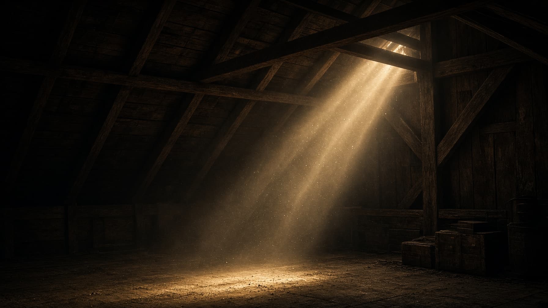 A shaft of light cutting through dust in a timber attic.